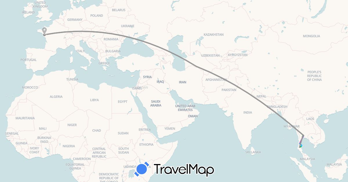 TravelMap itinerary: driving, bus, plane, train, boat in France, Thailand, Turkmenistan (Asia, Europe)